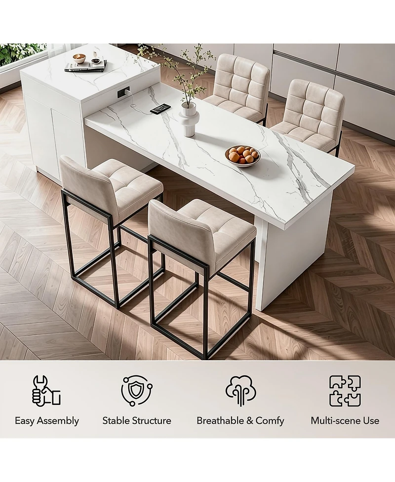 Set of 2 Modern Counter Height Bar Stools, Faux Leather Upholstered Stools with Backrest and Footrest, Armless Design and Metal Legs for Kitchen