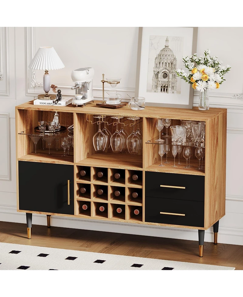 47.2" Wood Color Wine Bar Cabinet with Led Lights, Charging Station, Wine Rack and Glass Holder