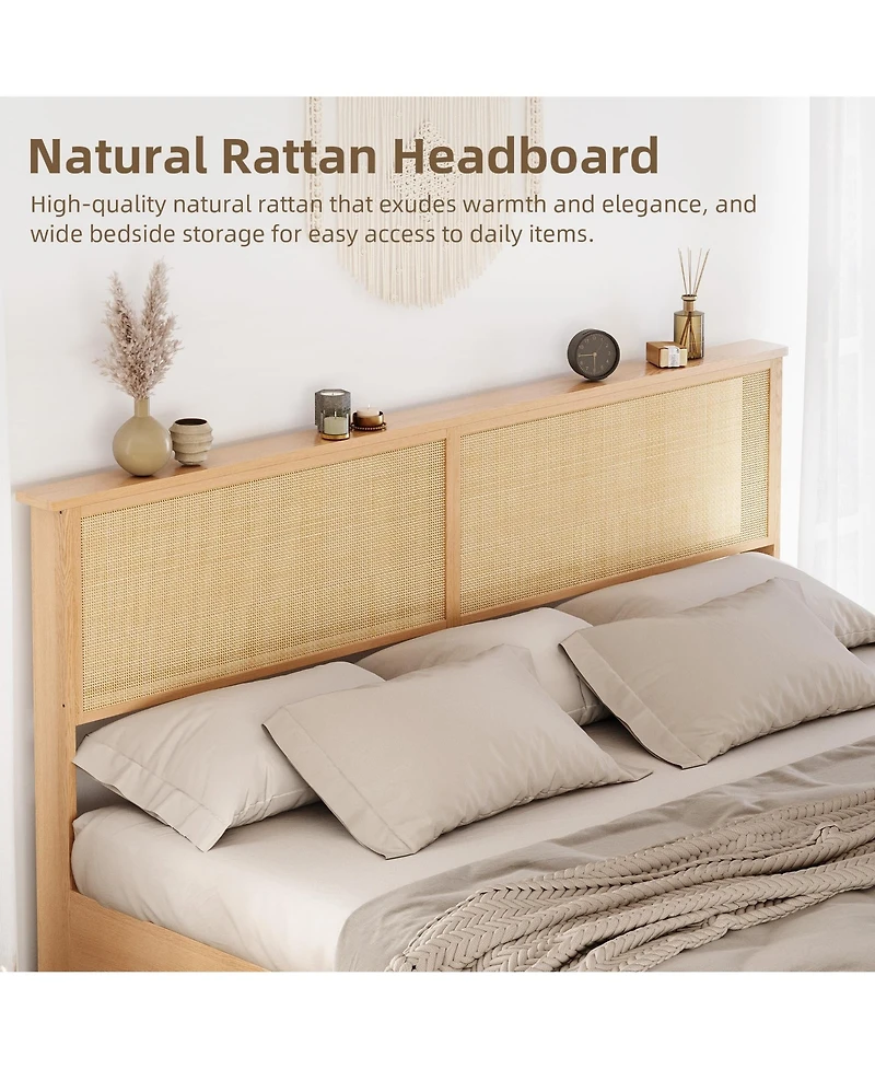 Full Rattan Bed Frame, Rattan Headboard and Rgb Led Light, Platform Bed Frame with Sliding Barn Door Storage Bench, Noise Free, No Box Spring Needed