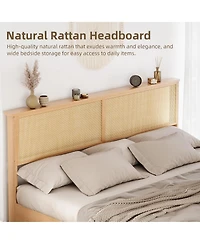 Full Rattan Bed Frame, Rattan Headboard and Rgb Led Light, Platform Bed Frame with Sliding Barn Door Storage Bench, Noise Free, No Box Spring Needed