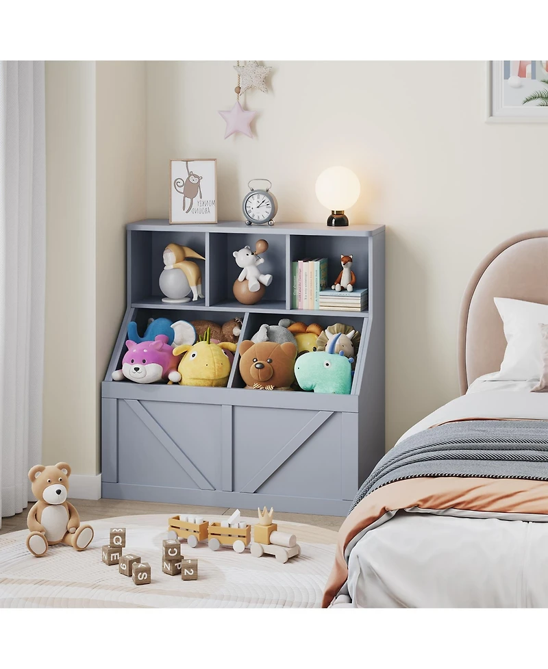 Kids Bookshelf Toy Storage Organizer 35.4"H Layered Cubby Storage Wood Frame Low Height Kid-Friendly for Playroom Bedroom Nursery