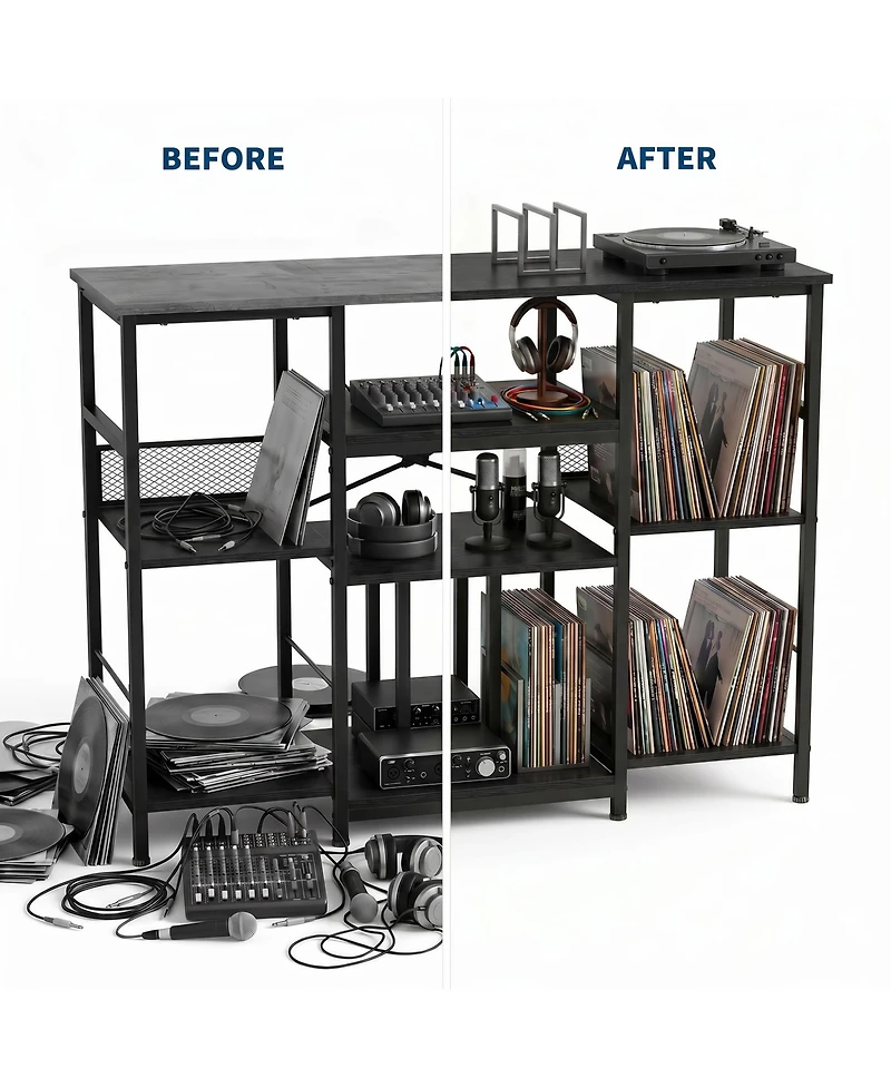 3-Tier Media Storage Shelf with Power Outlet, Record Player Stand, Cd Dvd Organizer Rack for Living Room Entertainment Space