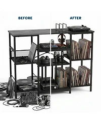 3-Tier Media Storage Shelf with Power Outlet, Record Player Stand, Cd Dvd Organizer Rack for Living Room Entertainment Space