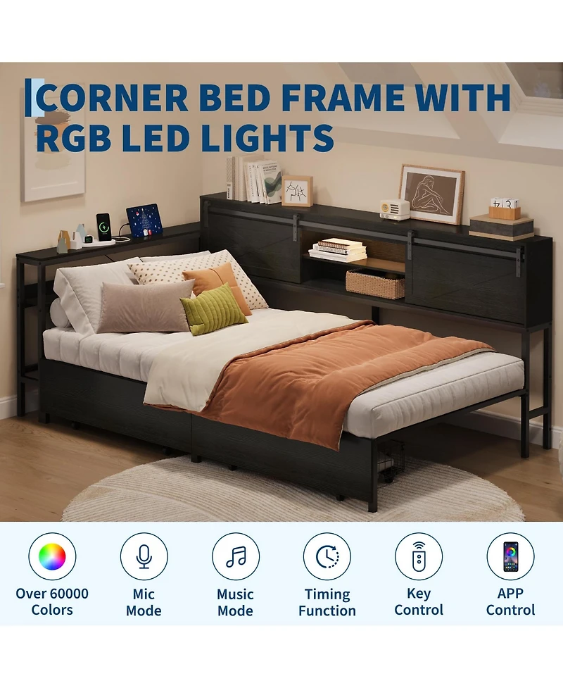 Twin Corner Bed Frame with Storage Bookcase, Metal Platform Bed Frame with Led Lights, Charging Station, Storage Drawers, Black