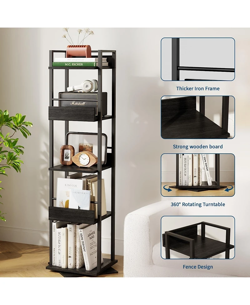 homfan 5-Tier Corner Bookshelf, 360-Degree Rotating Tall Narrow Bookcase with Guardrail, Industrial Storage Rack for Living Room Bedroom Home Office