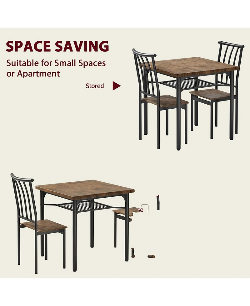 Dining Table Set 3 Piece with Wine Rack Rustic Brown Metal and Wood for Kitchen Apartment Small Space