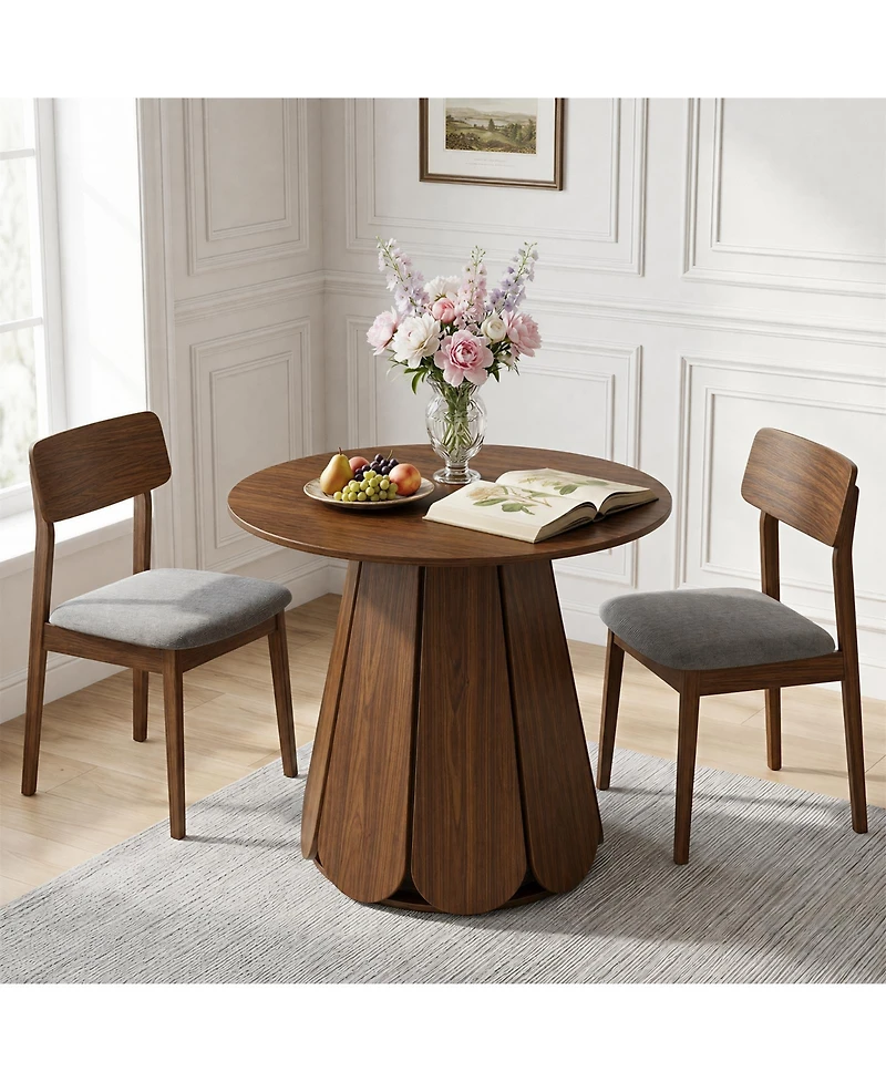 31.5" Brown Round Farmhouse Dining Table with Pedestal Base, Seats 2-4