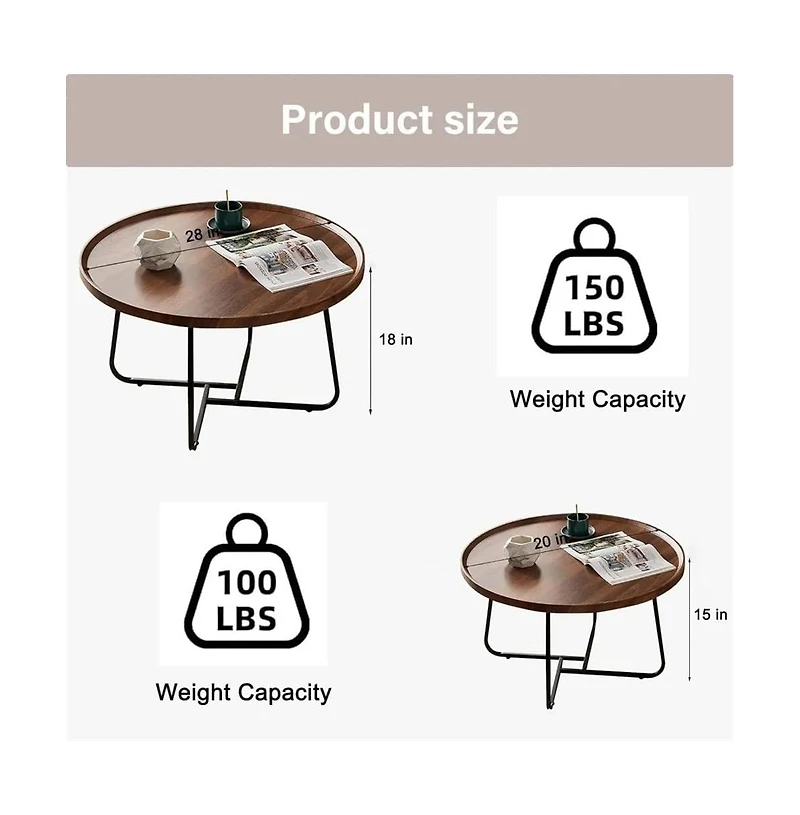 homfan Set of 2 Round Nesting Coffee Tables, 28" and 20", Fluted Wood Look, Mid-Century Modern