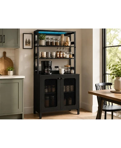 67 Inch Bar Cabinet, Farmhouse Bakers Rack with Rgb Led Lights, Power Outlet, Storage Shelves, Coffee Liquor Storage Hutch for Kitchen Dining Room
