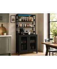 67 Inch Bar Cabinet, Farmhouse Bakers Rack with Rgb Led Lights, Power Outlet, Storage Shelves, Coffee Liquor Storage Hutch for Kitchen Dining Room