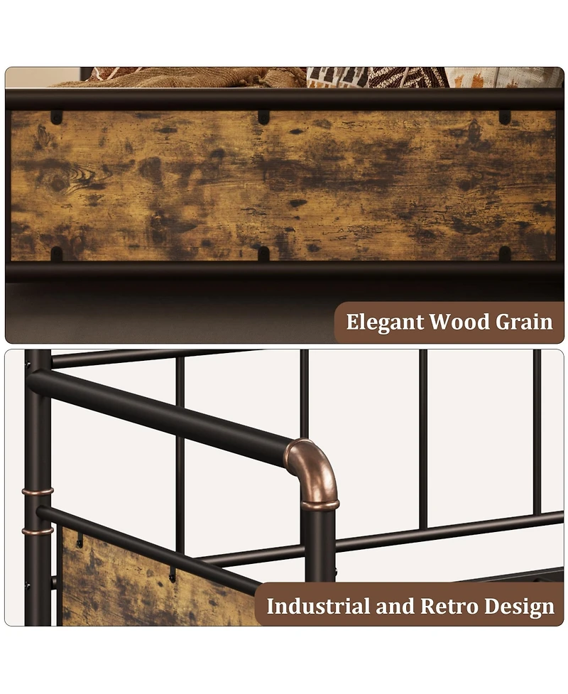 Daybed Frame Full Size Metal Space-Saving with Classic Wood Headboard Heavy Duty Steel Slats Noise-Free for Living Room Bedroom Guest Room