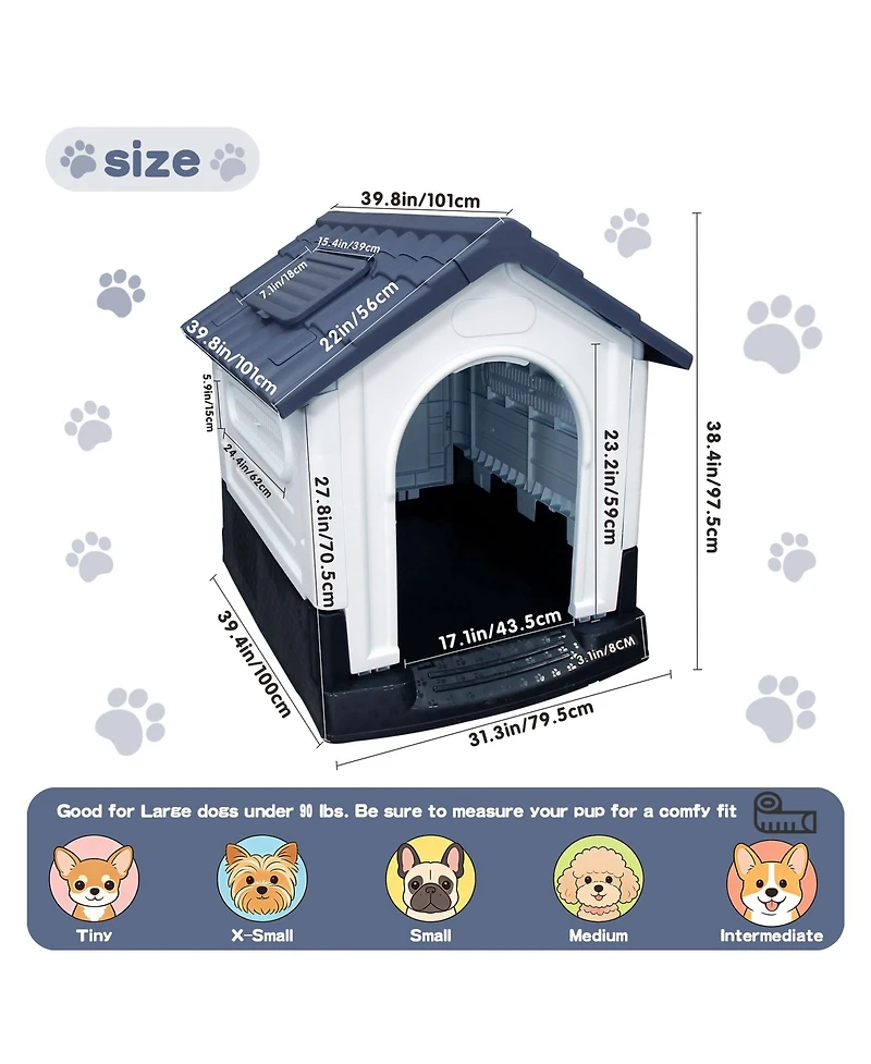 Small/Medium/Large Pp Dog Crate with Roof Window, Weatherproof Indoor Outdoor Dog House for Backyard Patio