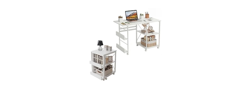 Folding Rolling Computer Desk, Space-Saving Versatile Home Office Writing Table with Wheels, Storage Shelf, Side Organizer for Bedroom Dorm