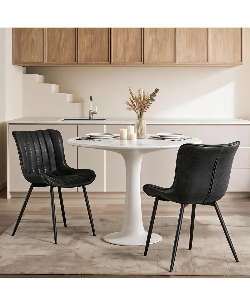 Dining Chairs Set of 2, Ergonomic Upholstered Kitchen Chair with Waterproof Pu Leather Seat, Stable Metal Legs, 300 lbs Capacity, Black