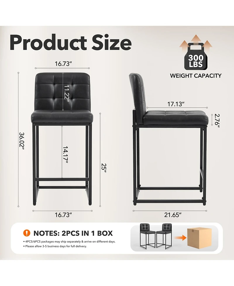 Bar Stools Set of 4, Mid-Century Modern Upholstered Counter Height Barstools with Back, Footrest, Metal Legs for Kitchen Island Home Bar Cafe