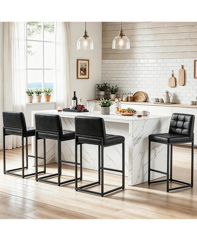 Bar Stools Set of 4, Mid-Century Modern Upholstered Counter Height Barstools with Back, Footrest, Metal Legs for Kitchen Island Home Bar Cafe