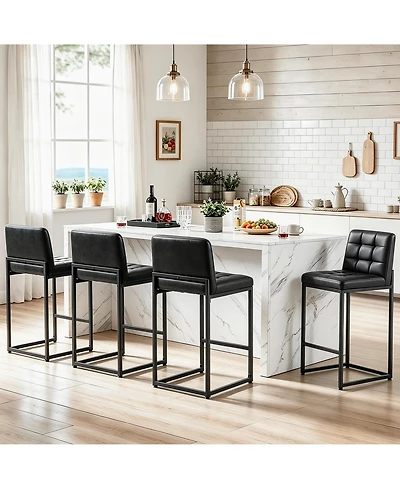 Bar Stools Set of 4, Mid-Century Modern Upholstered Counter Height Barstools with Back, Footrest, Metal Legs for Kitchen Island Home Bar Cafe