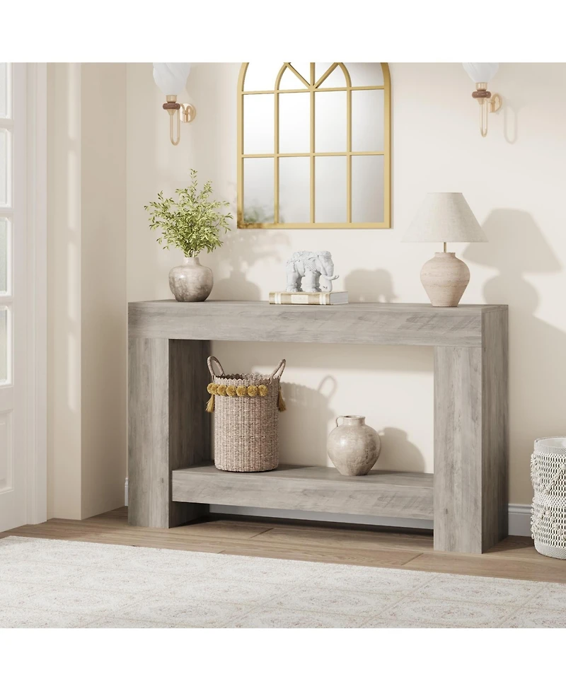 47.2" Farmhouse Console Table with H-Base, 2-Tier Entryway Sofa Table for Living Room,Light Grey