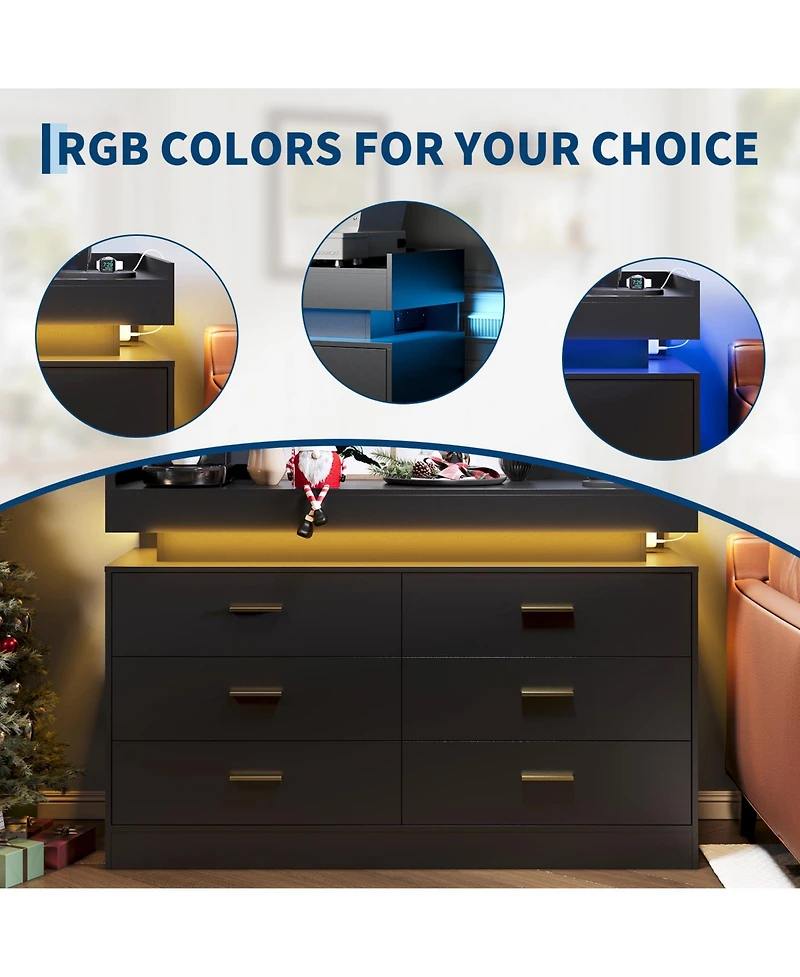 6 Drawer Dresser with Led Light and Raised Top Shelf, Modern Wide Storage Chest with Metal Pulls, Storage Cabinet for Bedroom, Living Room, Entryway