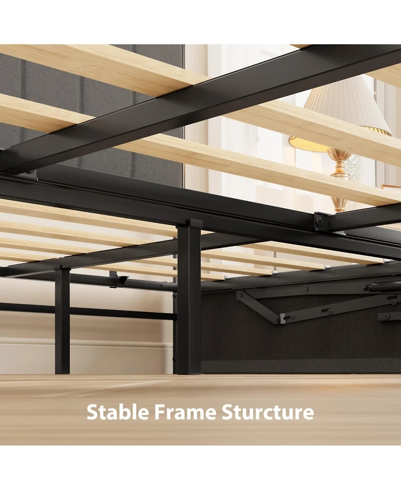 King Size Lift Up Storage Bed Frame, Linen Upholstered Platform Bed, Hydraulic System with Handle, No Box Spring Needed, Wood Slats Support