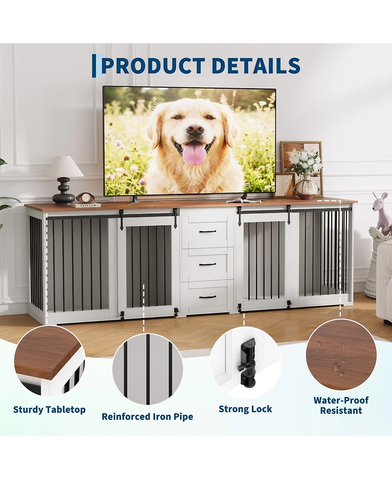 95" Large Dog Crate Furniture for 2 Dogs, Farmhouse Wooden Dog Kennel with 3 Storage Drawers, Duty Furniture Style Tv Stand with Sliding Barn Doors