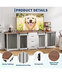 95" Large Dog Crate Furniture for 2 Dogs, Farmhouse Wooden Dog Kennel with 3 Storage Drawers, Duty Furniture Style Tv Stand with Sliding Barn Doors