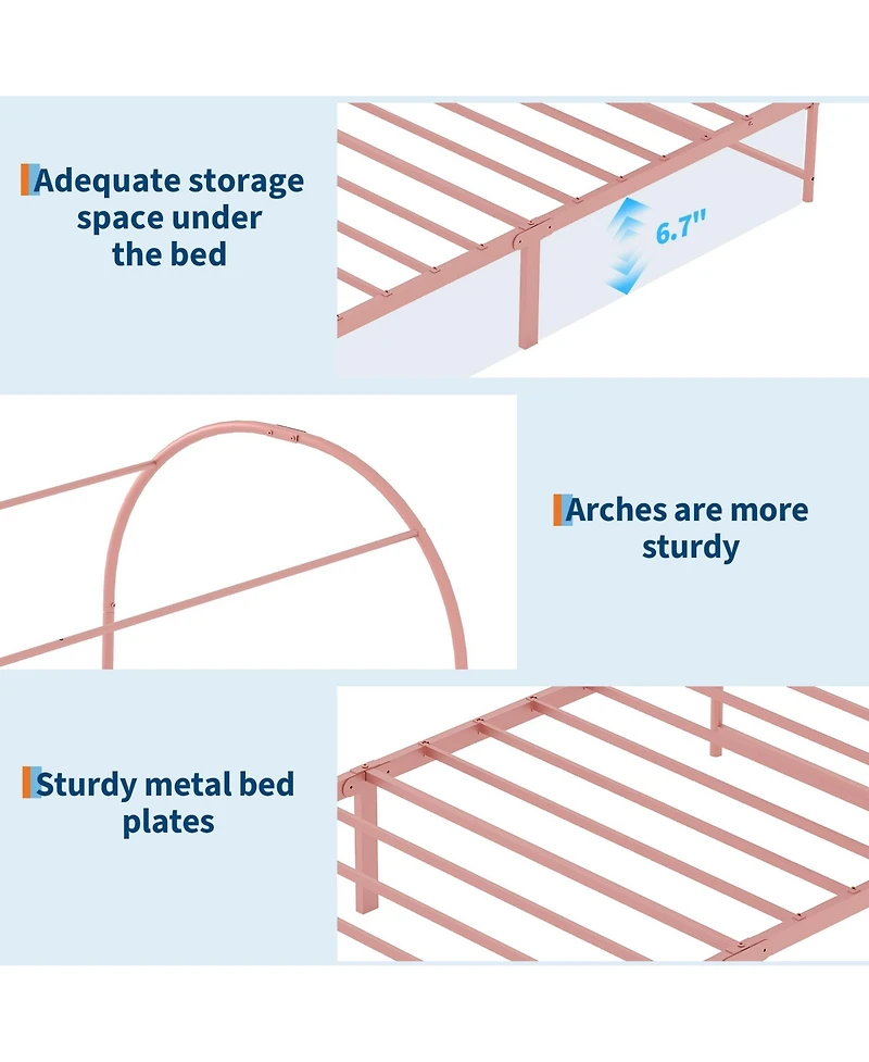 Twin Arch Canopy Bed Frame, Pink Kids Metal Platform Bed Frame with Upholstered Headboard, Underbed Storage, No Box Spring Needed Easy Assembly