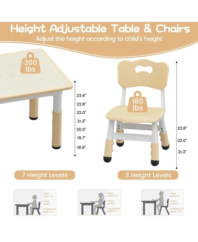 Height Adjustable Kids Table and 4 Chairs Set, Game Study Table with Graffiti Erasable Desktop, Non-Slip Legs for Playroom, Bedroom, Daycare
