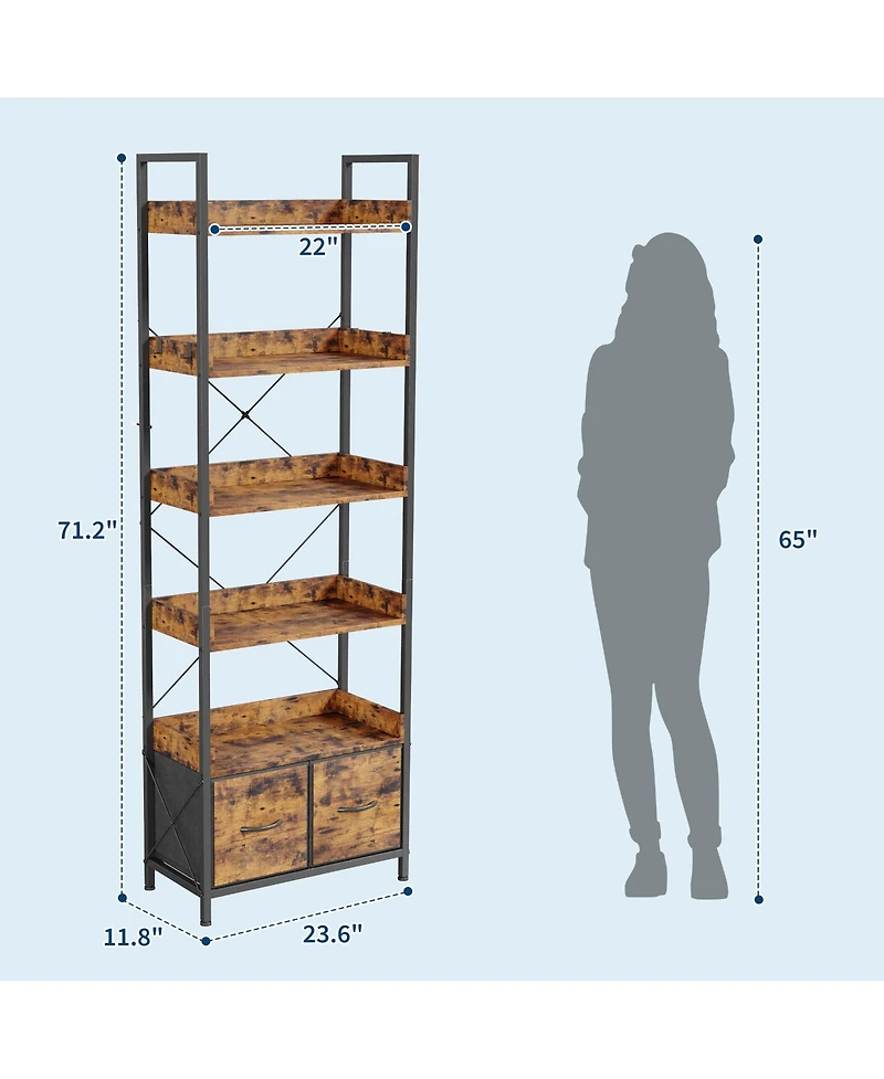 12" D x 24" W x 71" H Bookshelf with 6 Shelves and Fabric Drawers, Metal Frame and Engineered Wood Storage for Living Room Home Office, Black