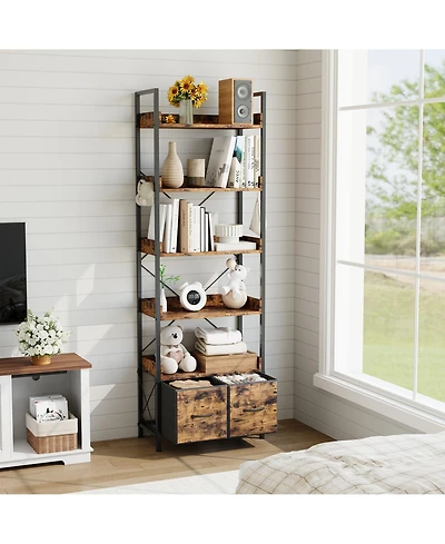 12" D x 24" W x 71" H Bookshelf with 6 Shelves and Fabric Drawers, Metal Frame and Engineered Wood Storage for Living Room Home Office, Black