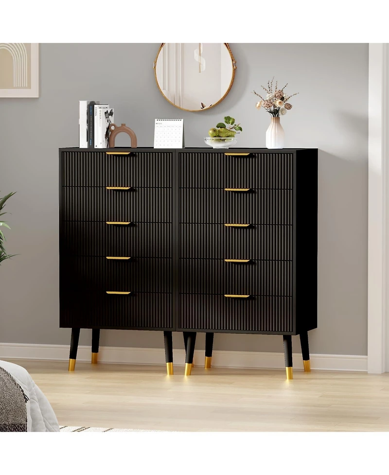 24 x 15 x 42.5 in 2-Pack 5-Drawer Chest with Gold Legs, Engineered Wood Dresser Storage for Bedroom Hallway Living Room, Black