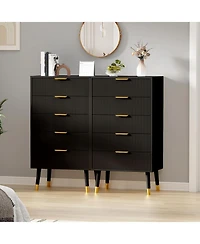24 x 15 x 42.5 in 2-Pack 5-Drawer Chest with Gold Legs, Engineered Wood Dresser Storage for Bedroom Hallway Living Room, Black