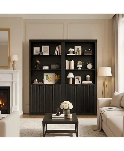 31.5 x 14 x 71 in Pack of 2 Storage Cabinet with Doors and Shelves, Engineered Wood Bookcase with Crown Molding for Living Room, Black