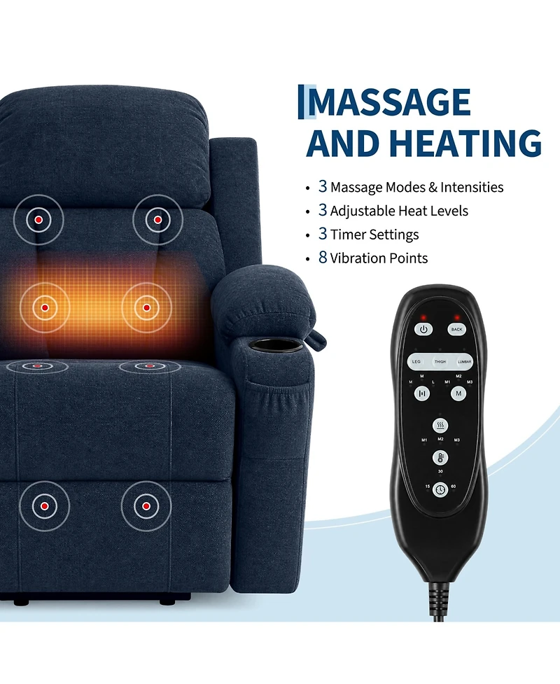 Oversized Chenille Power Lift Recliner with Heat, Massage and Memory Remote, Usb, Cup Holders,Blue
