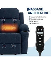 Oversized Chenille Power Lift Recliner with Heat, Massage and Memory Remote, Usb, Cup Holders,Blue