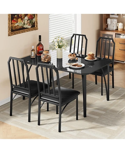 Dining Table Set 5 Piece Black Glass Top with 4 Upholstered Chairs Space Saving Compact Design Chamfered Edges for Kitchen Dining Room Apartment