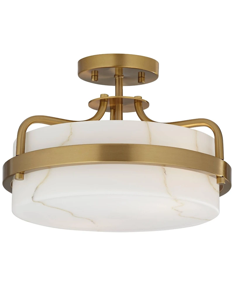 Possini Euro Design Bregman 13" Mid Century Modern Semi Flush-Mount Ceiling Light Fixture Kitchen Brass Finish White Stone Glass