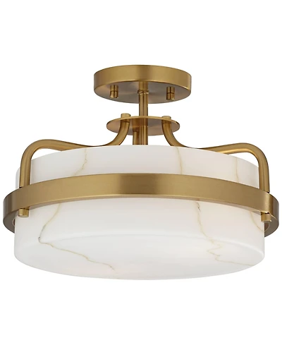Possini Euro Design Bregman 13" Mid Century Modern Semi Flush-Mount Ceiling Light Fixture Kitchen Brass Finish White Stone Glass