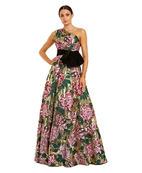Mac Duggal Women's One-Shoulder Floral Sequin Ball Gown with Velvet Bow
