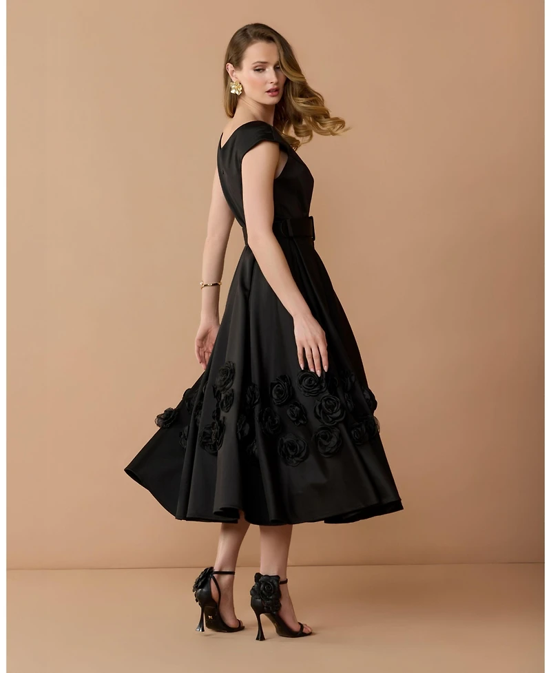 Mac Duggal Women's Belted Floral Rosette A-Line Midi Dress