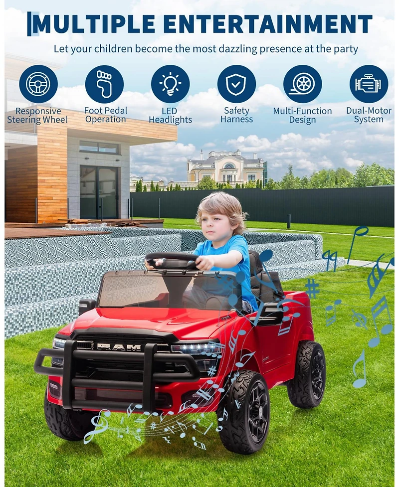 12V Licensed Ram Pickup Ride-On Vehicle, Parental Remote Control, Spring Shock Absorbers, Led Lighting, Built-In Music, Electric Play Truck for Kids