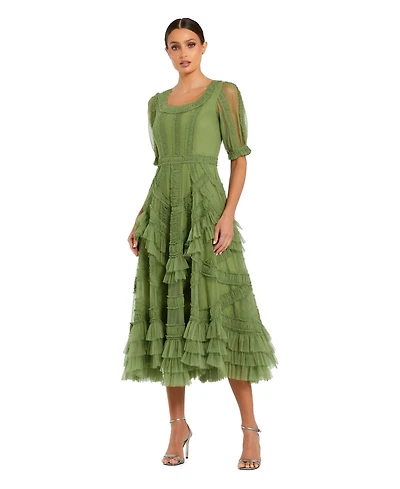 Mac Duggal Women's Short Sleeve Mesh Mirco Ruffle Midi Dress