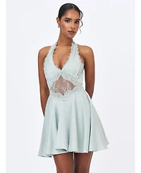 Miss Circle Women's Rianna Light Sage Crinkle Satin Halter Mini Dress