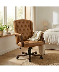 Mid-Century Faux Leather Wingback Office Chair, Tufted and Adjustable Height, Brown