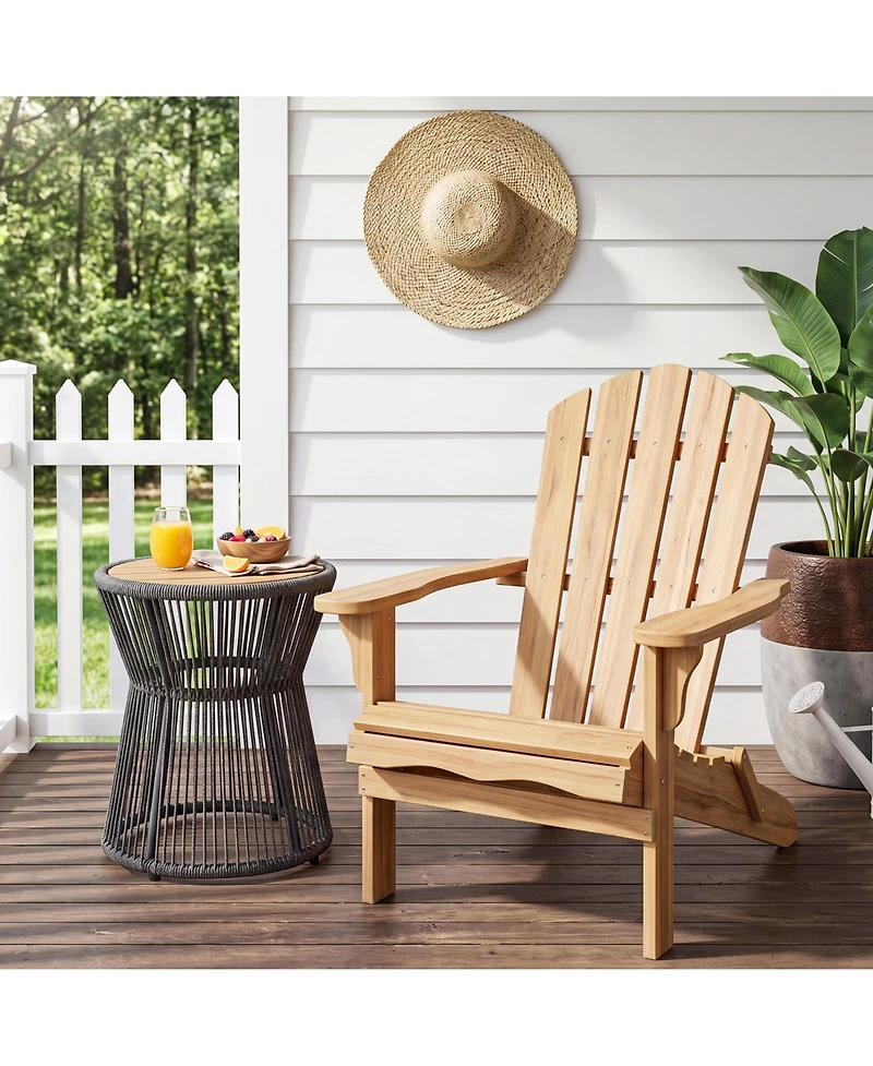 16" Round Woven Rope Outdoor Side Table, Gray Rope with Wood Top,Grey