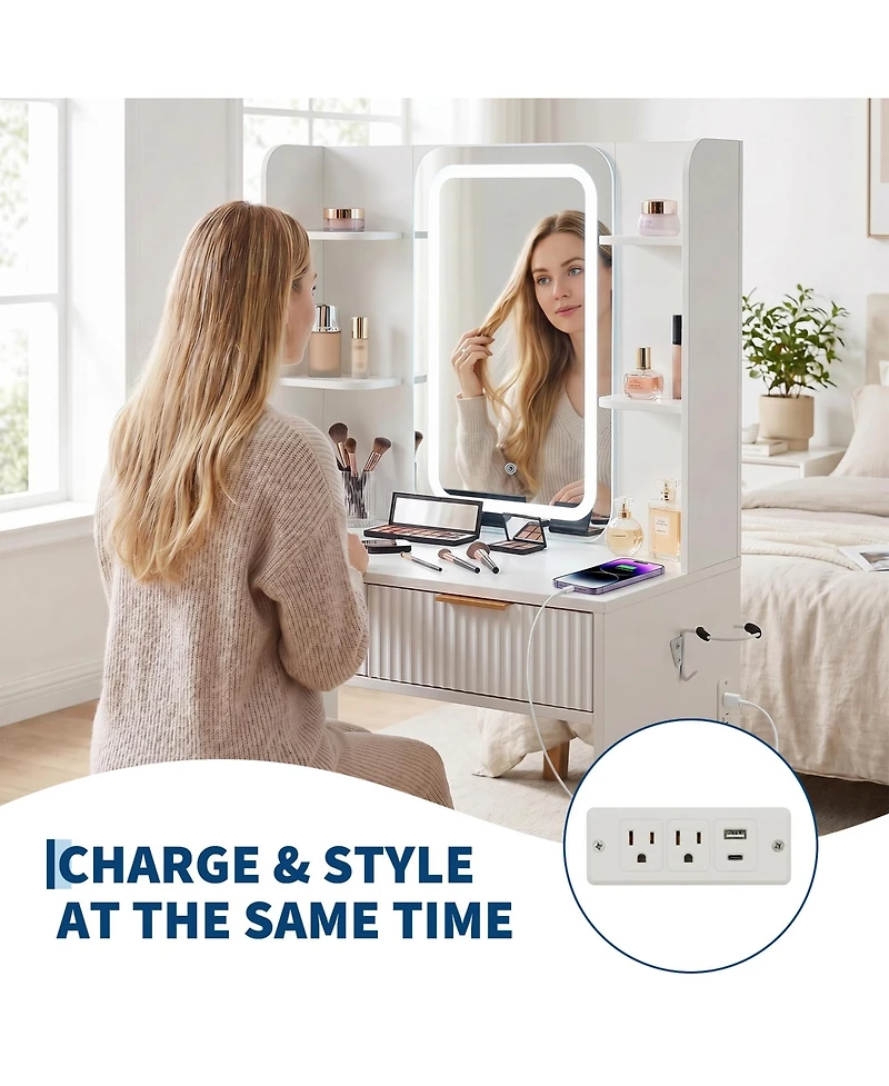 Compact Lighted Vanity Desk with Mirror, Led Lighting and Matching Stool, Built-In Charging Station and Jewelry Storage, Dressing Table for Bedroom