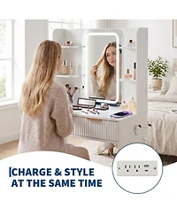 Compact Lighted Vanity Desk with Mirror, Led Lighting and Matching Stool, Built-In Charging Station and Jewelry Storage, Dressing Table for Bedroom