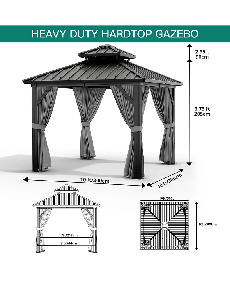 10x10 Ft Double Roof Gazebo, Heavy Duty Steel Frame with Gray Fabric Canopy and Black Mesh for Patio Backyard Outdoor Gatherings, Gray