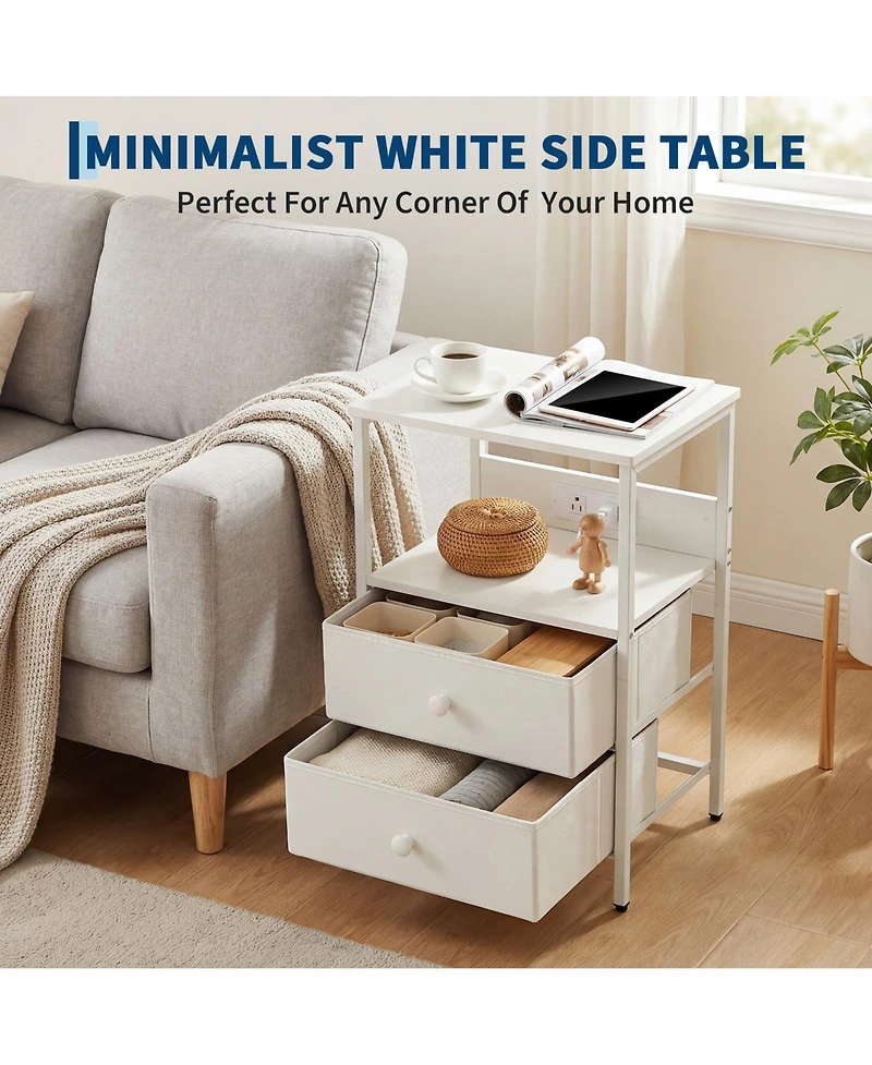 16 x 12 x 24 in Nightstand with 2 Drawers and Shelf, Engineered Wood Metal Frame Bedside Table for Bedroom Living Room, White