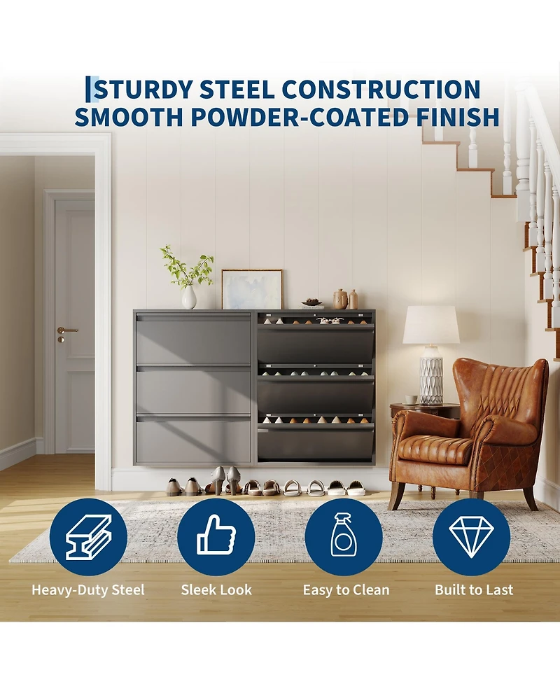 31.5 x 6 x 41 in 3-Tier Flip Door Shoe Cabinet, Slim Entryway Shoe Storage, Carbon Steel for Hallway Closet Entryway, Dark Gray/White